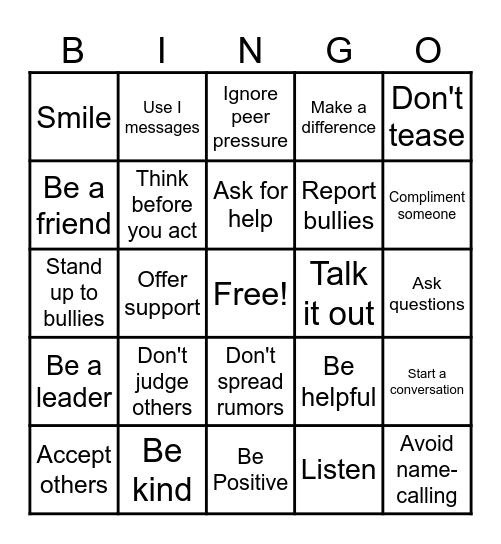 Bully Prevention Bingo Card