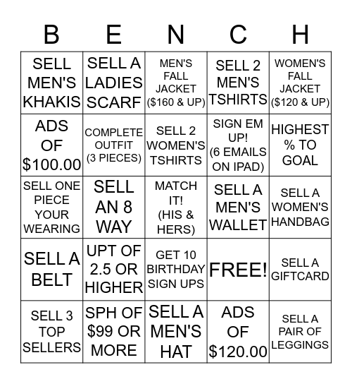 B.E.N.C.H Bucks Bingo Card