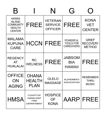 KONA FAMILY CAREGIVER BREAKFAST WORKSHOP            NAME_______________ Bingo Card
