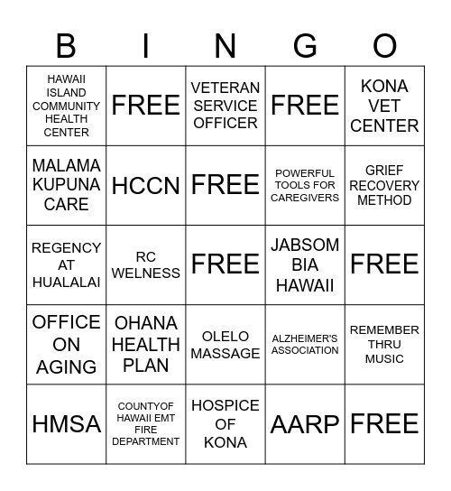 KONA FAMILY CAREGIVER BREAKFAST WORKSHOP            NAME_______________ Bingo Card