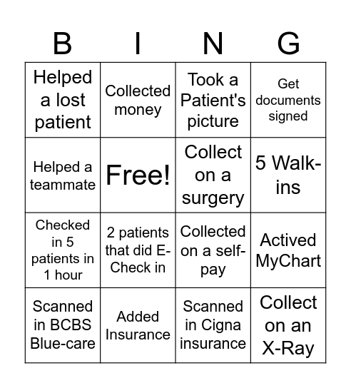 Patient Access BINGO Card