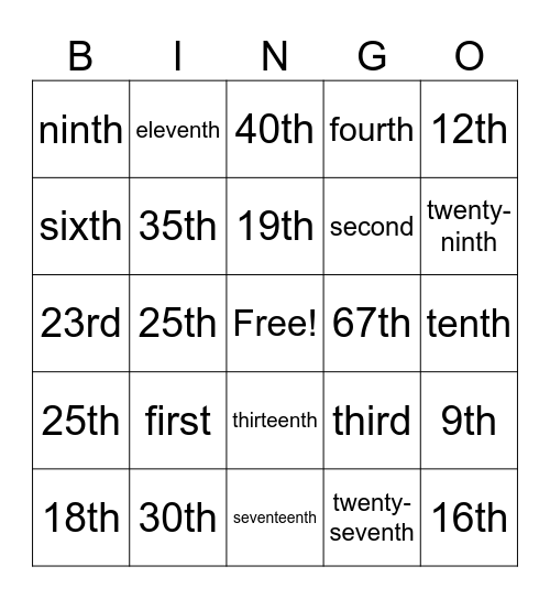 Ordinal Numbers Bingo Card