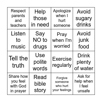 My Healthy Choices Bingo Card