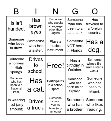 24 - 25  Get to know you Bingo Card