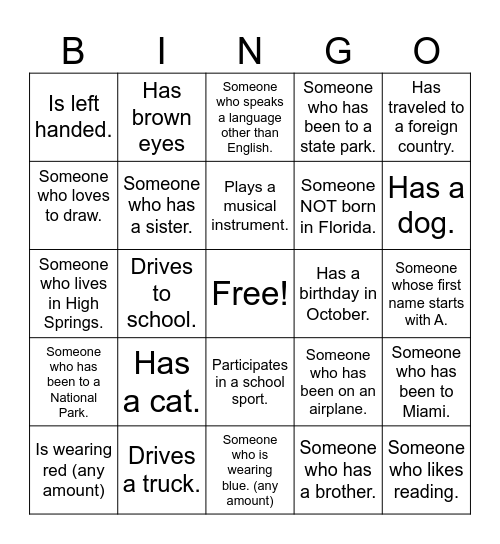 24 - 25  Get to know you Bingo Card