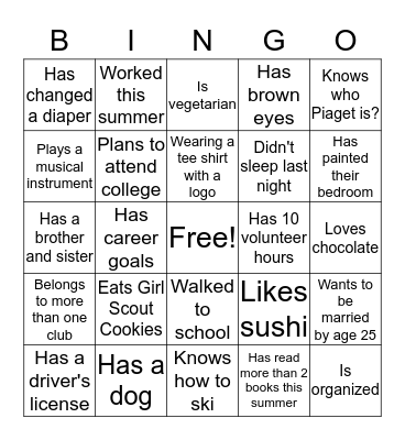 Getting to know you Bingo Card