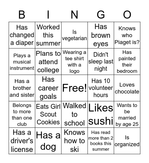 Getting to know you Bingo Card