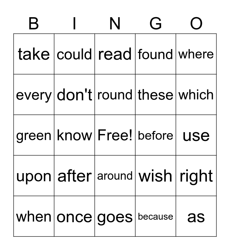Sight word BINGO Card