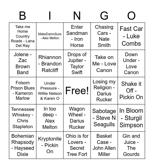 Country Covers Bingo Card