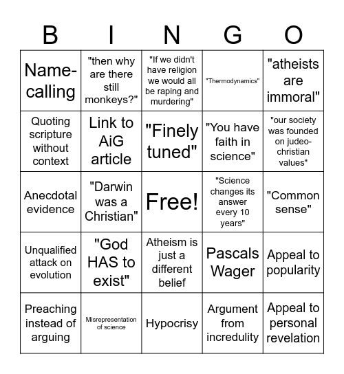 Shitty Theist Bingo Card