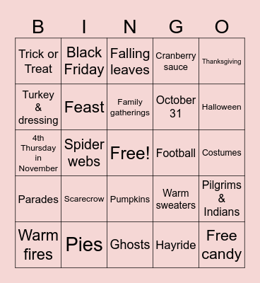 Fall season Bingo Card