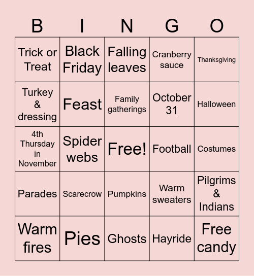 Fall season Bingo Card