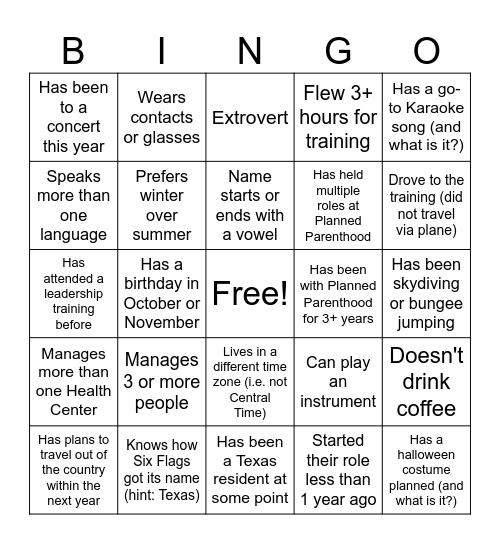 Get to Know You BINGO Card