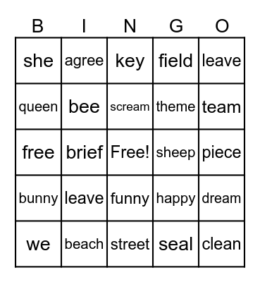 Long e Words Bingo Card