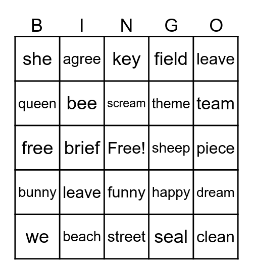 Long e Words Bingo Card
