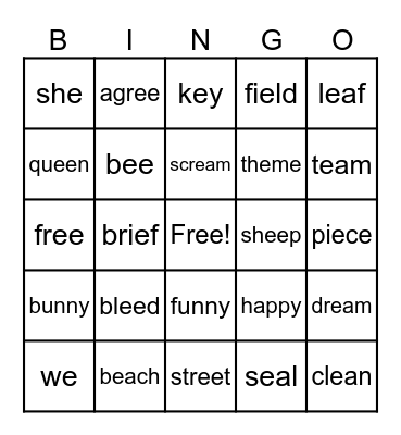 Long e Words Bingo Card