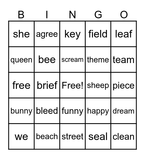 Long e Words Bingo Card