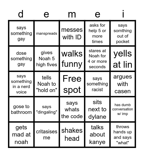 demei bingo Card