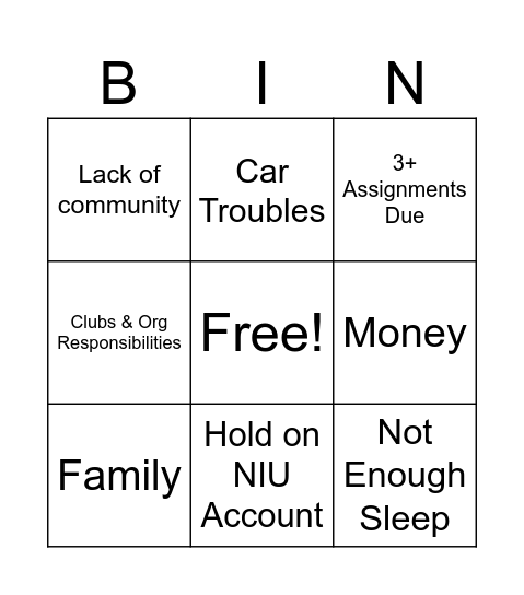 Stress Bingo Card