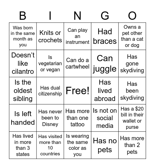 Get to Know Your Teammates! Bingo Card