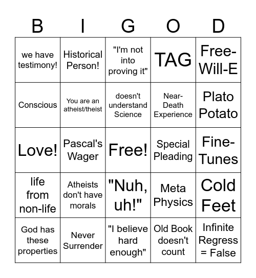 God Ain't Real: Prove Me Wrong Bingo Card