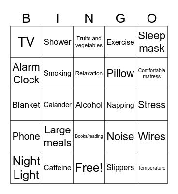 Sleep Hygiene Bingo Card