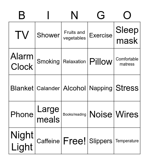 Sleep Hygiene Bingo Card