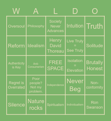 Self-Reliance/Transcendentalism Bingo Card
