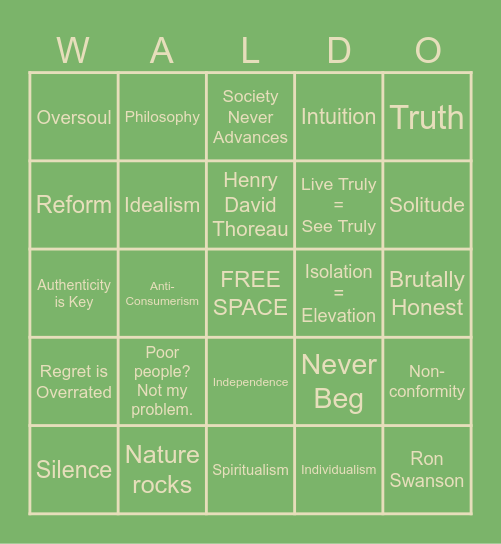 Self-Reliance/Transcendentalism Bingo Card