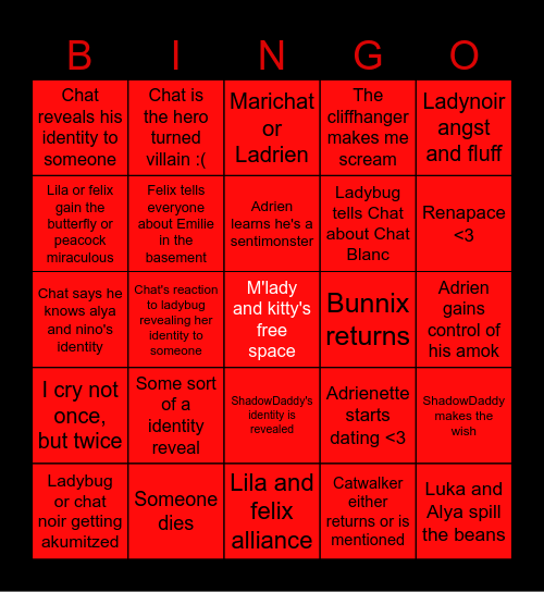 Miraculous season 4 finale bingo Card