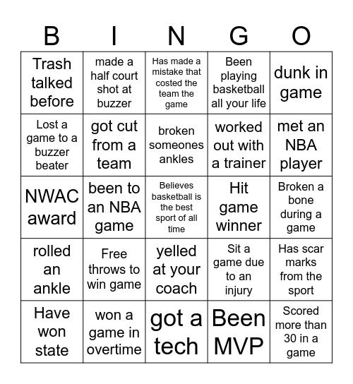 Basketball Bingo Card