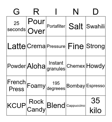 Find Your Grind Bingo Card