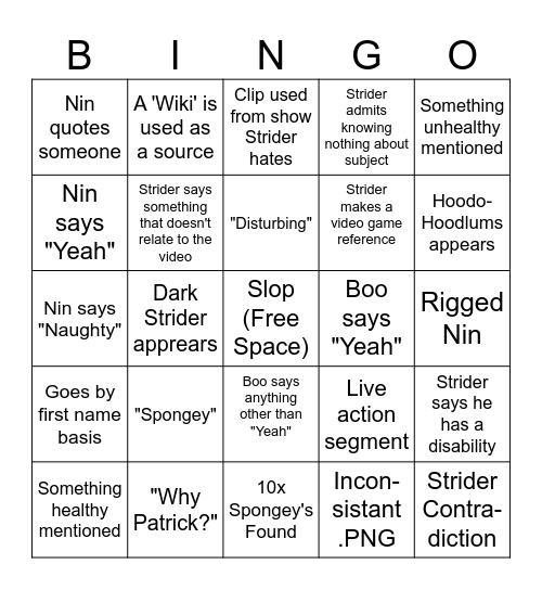 Strider Zingo Bingo Card