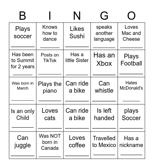 YOUTH HUMAN BINGO Card