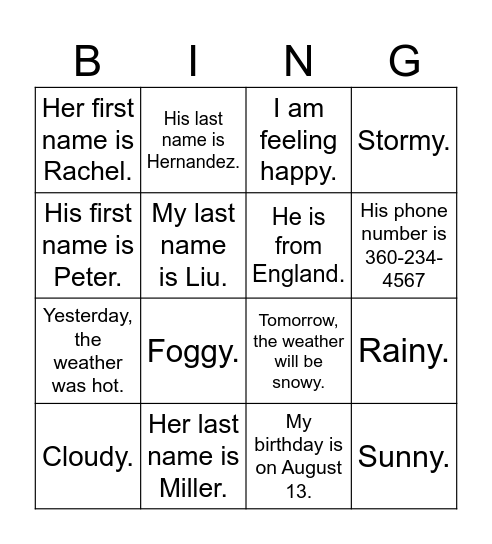 Teacher Elaine Bingo Card