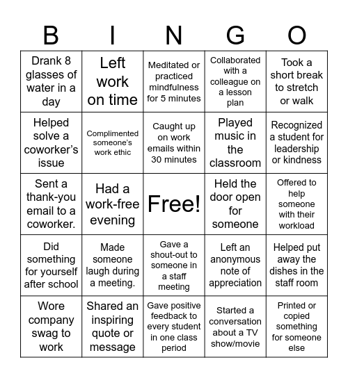 Staff Bingo Card