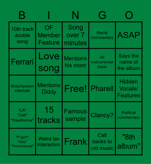 Chromakopia BINGO Card