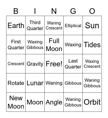 Moon Phases Bingo Card