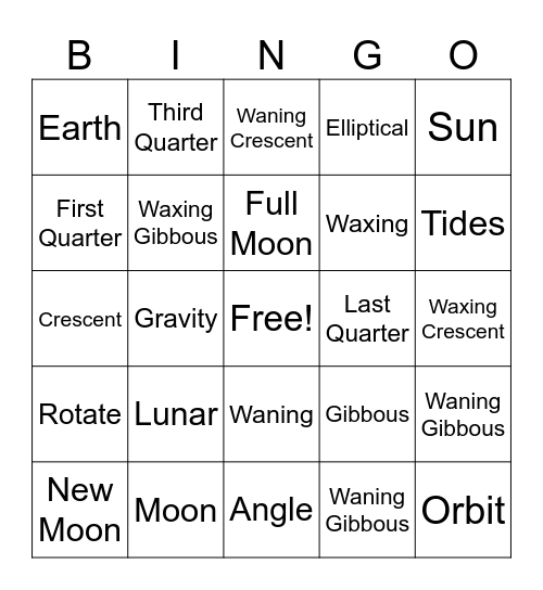 Moon Phases Bingo Card