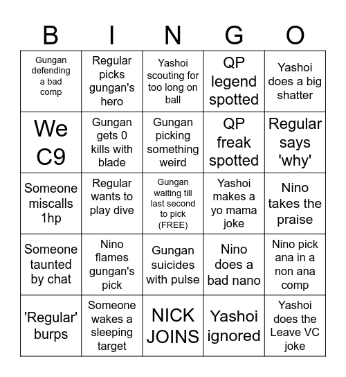 Quick Play Bingo Card