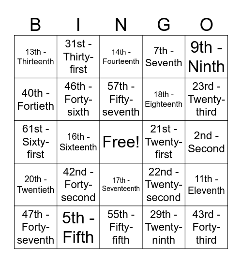 Ordinal Numbers Bingo Card