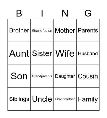 Family Vocabulary Bingo Card