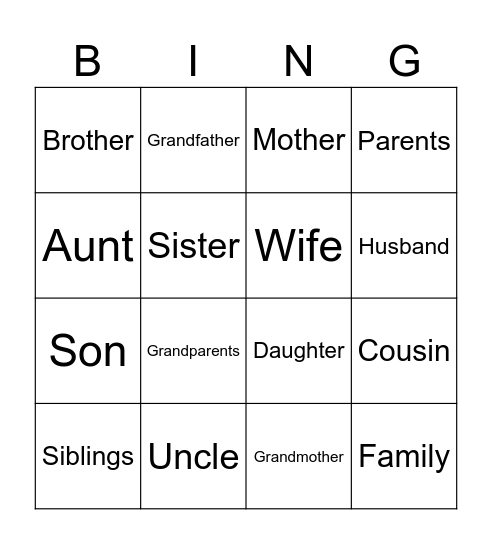 Family Vocabulary Bingo Card