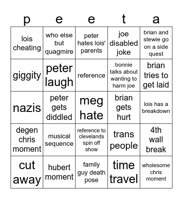 Family Guy Bingo Card