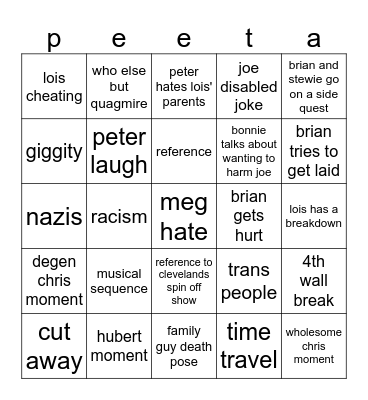Family Guy Bingo Card