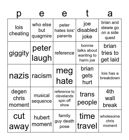 Family Guy Bingo Card