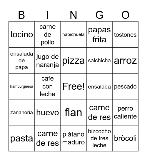 Comida Bingo Card