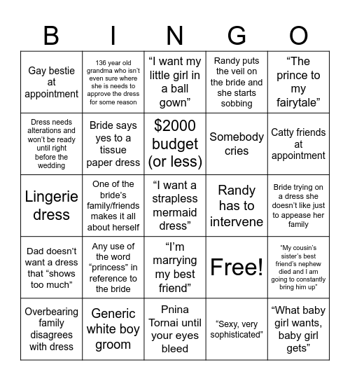 Say Yes to the Dress Bingo Card