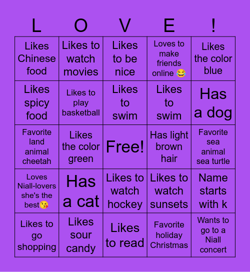Favorite things Bingo Card