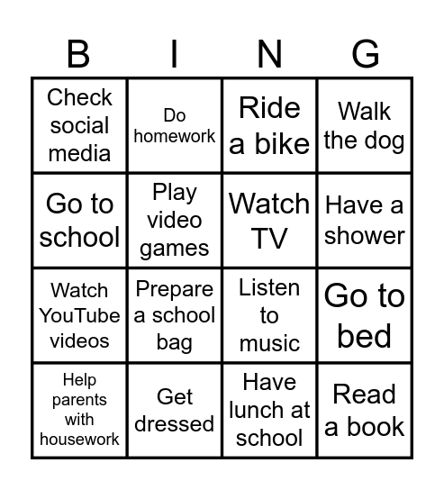 daily routine Bingo Card